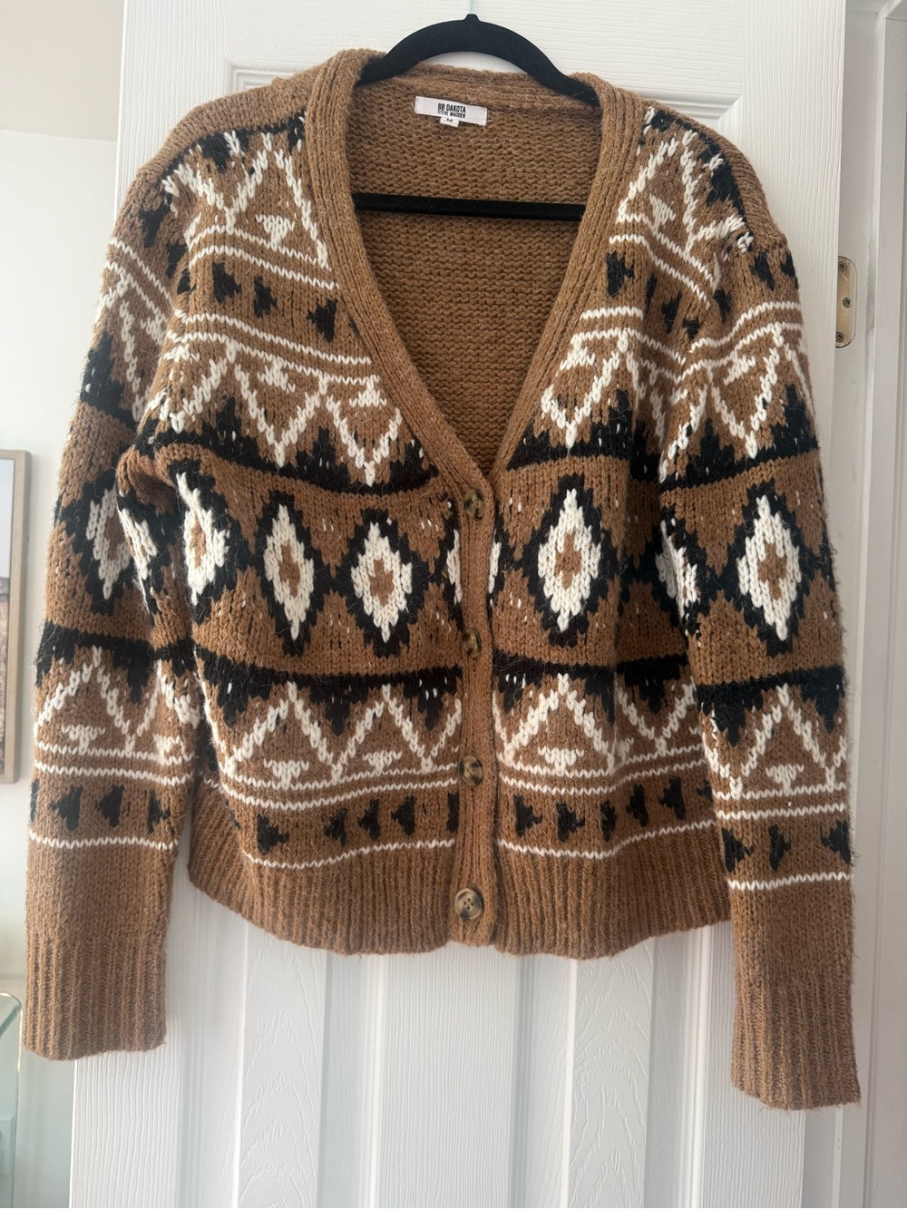 BB Dakota by Steve Madden Brown, White & Black Aztec Knit Cardigan